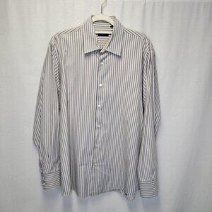 Hugo Boss Men's Size 17 34/35 Button Front Shirt Brown Gray Striped